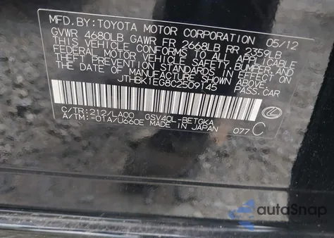 2012 Lexus Es 350 z USA, uszkodzony, nr VIN JTHBK1EG8C2509145